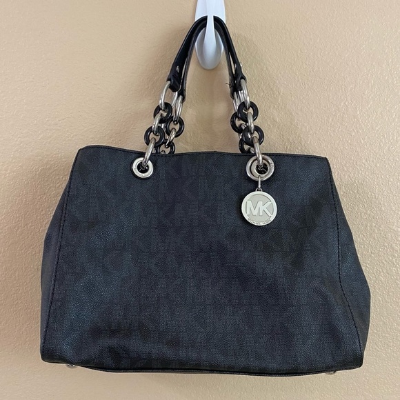 Michael Kors Cynthia Logo Black Leather Medium‎ Sachel Bag Silver Black Hardware